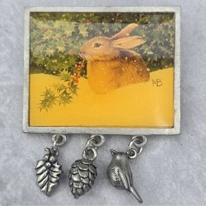 Marjolein Bastin Rabbit Winter Scene Dangle Charm Brooch Pin Bird Pinecone Leaf
